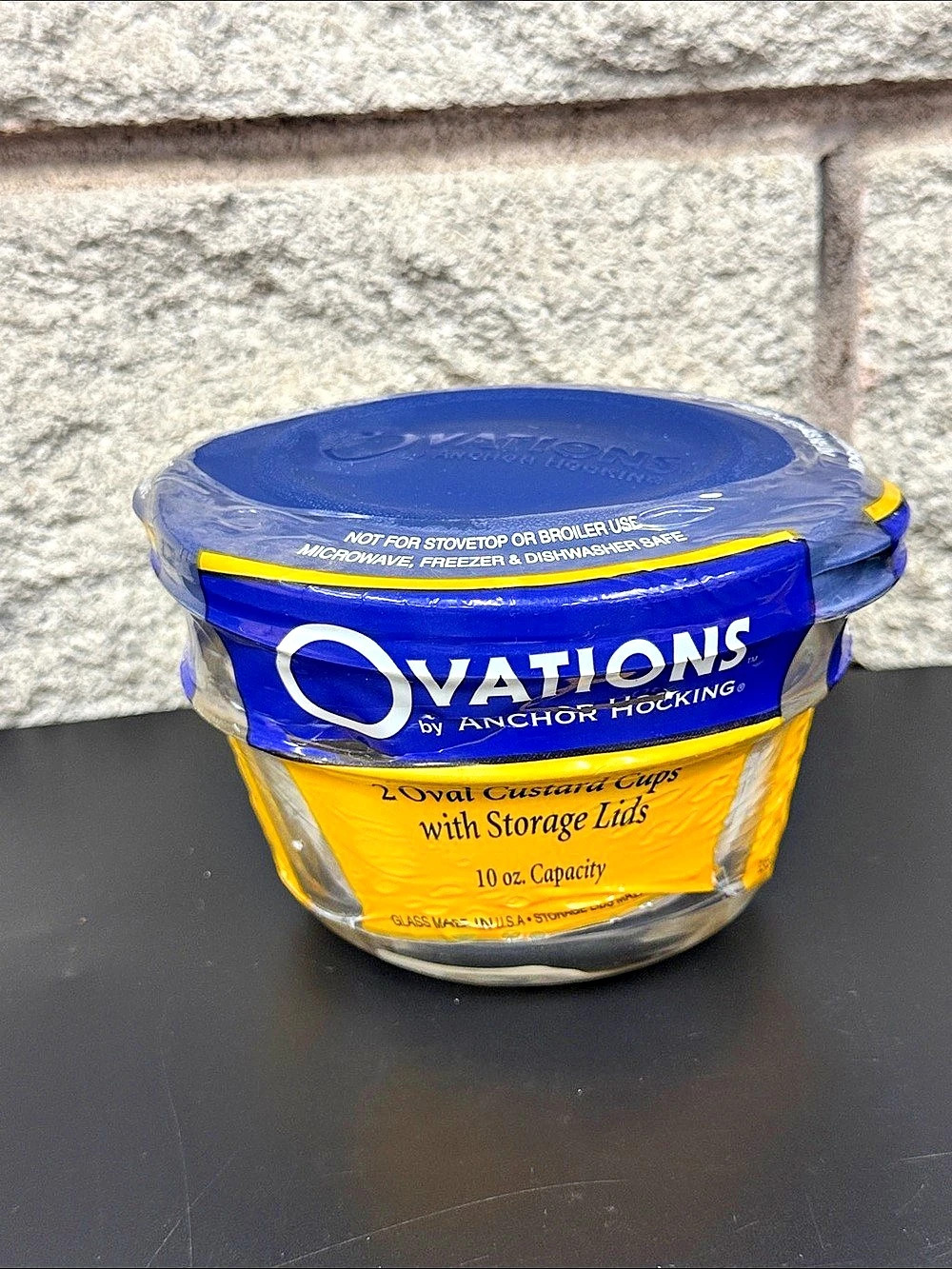 Vintage Anchor Hocking Ovations 10 oz Oval Custard Cups w/ Blue Lids – NOS
